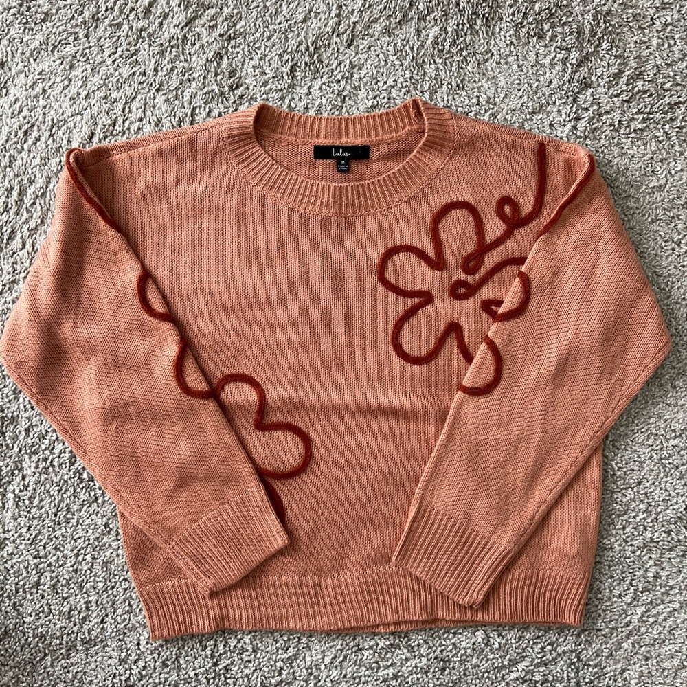 Lulus Composed Cutie Dusty Pink Floral Applique Pullover Sweater
